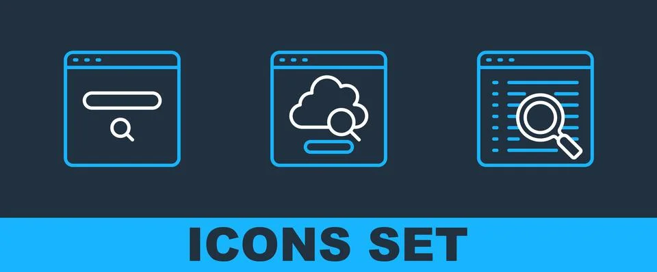 Set line Search engine, and Cloud technology data transfer icon. Vector 스톡 일러스트