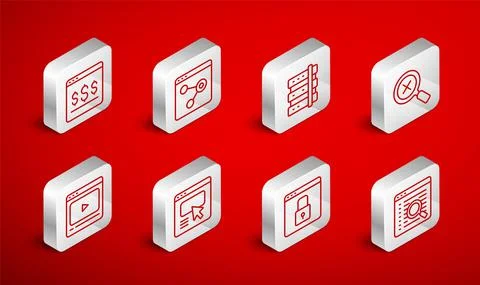 Set line Search engine, Browser window, Server, Magnifying glass and delete Stock Illustration