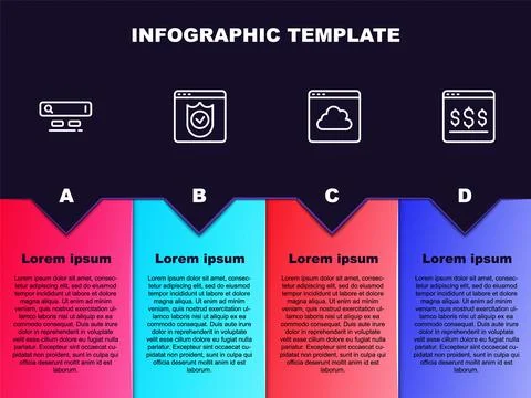 Set line Search engine, Browser with shield, Cloud technology data transfer and Stock Illustration