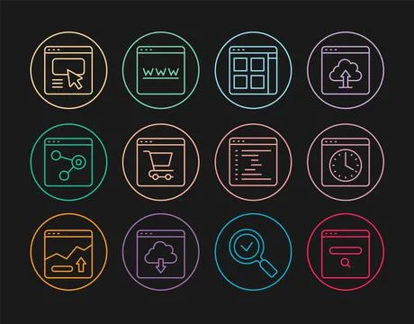 Set line Search engine, Browser window, files, Online shopping on screen, UI  스톡 일러스트