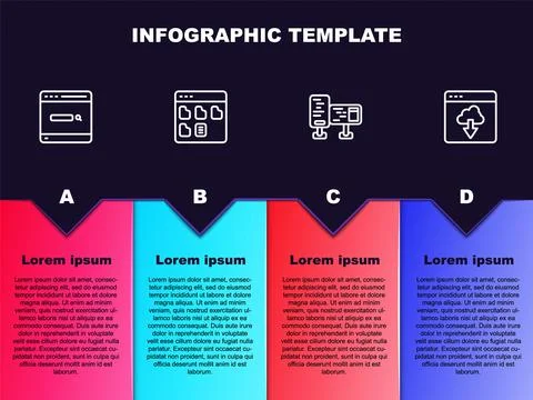 Set line Search engine, Browser files, Computer monitor screen and Cloud tech Stock Illustration