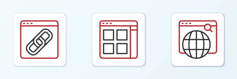 Set line Search engine, Browser window and files icon. Vector Stockillustratie