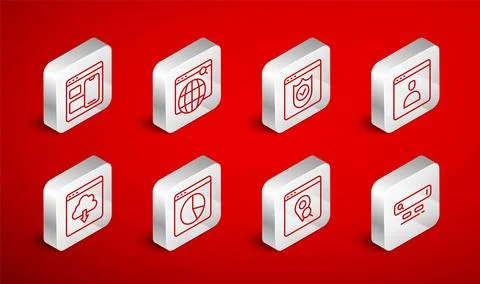 Set line Search engine, Browser with shield, Create account screen, Infographic Illustrazione stock