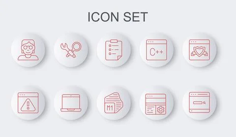 Set line Search engine, Browser with exclamation mark, Clipboard checklist,.. Illustrazione stock