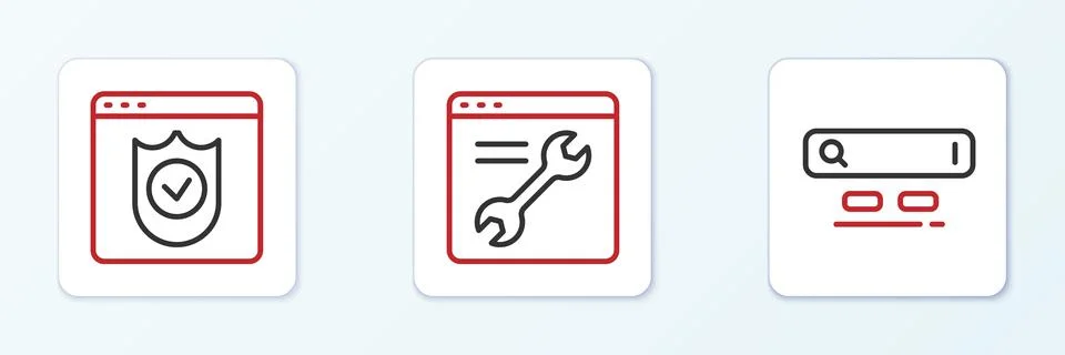 Set line Search engine, Browser with shield and setting icon. Vector Stock Illustration
