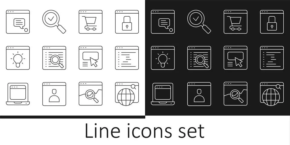 Set line Search engine, Browser window, Online shopping on screen, New chat.. 스톡 일러스트