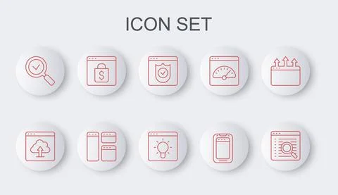 Set line Search engine, Cloud upload, Browser with shield, Mobile phone Stock Illustration