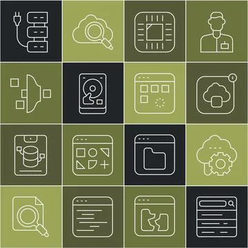 Set line Search engine, Cloud technology data transfer, Processor with CPU, Hard Stock Illustration