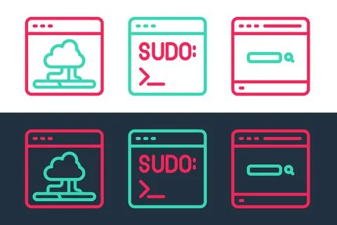 Set line Search engine, Cloud technology data transfer and Code terminal icon Stock Illustration