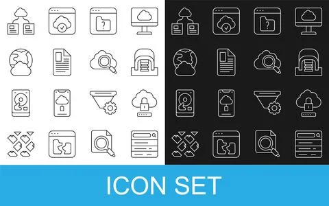 Set line Search engine, Cloud computing lock, Hangar with servers, File missing 库存插图