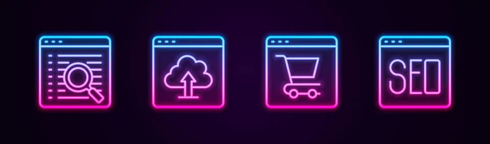 Set line Search engine, Cloud upload, Online shopping on screen and SEO opt.. Stock Illustration