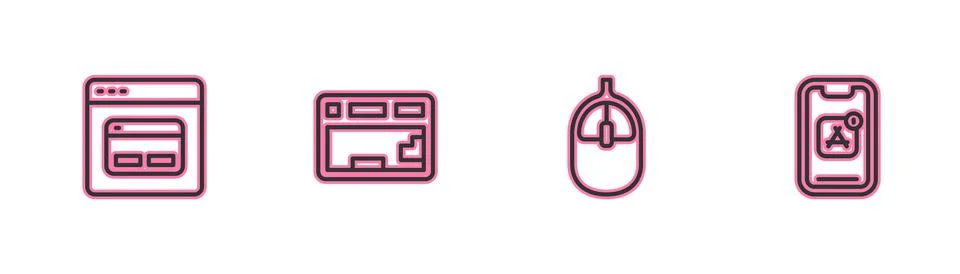 Set line Search engine, Computer mouse, Keyboard and Mobile Apps icon. Vector Illustrazione stock