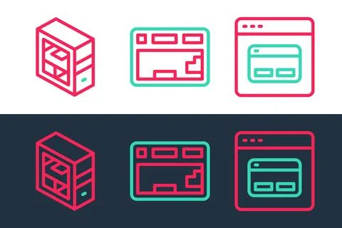 Set line Search engine, Computer and Keyboard icon. Vector Stockillustratie