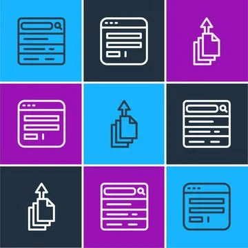 Set line Search engine, Data export and Browser window icon. Vector Stock Illustration