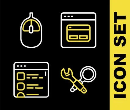 Set line Search engine, Debugging, Browser files and Computer mouse icon. Vector Illustrazione stock