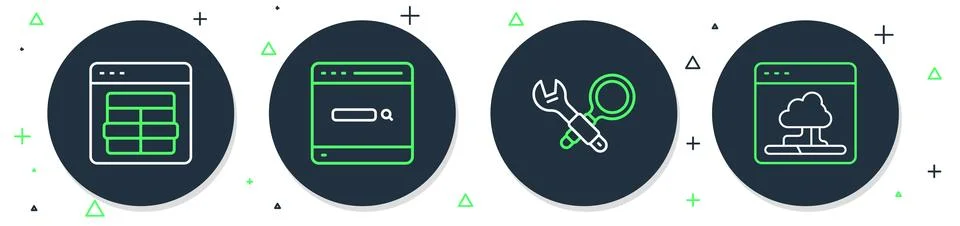 Set line Search engine, Debugging, MySQL code and Cloud technology data transfer Stock Illustration