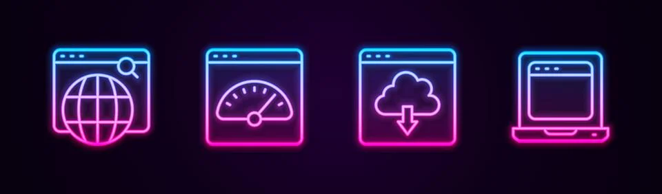 Set line Search engine, Digital speed meter, Cloud download and Laptop with.. Stock Illustration