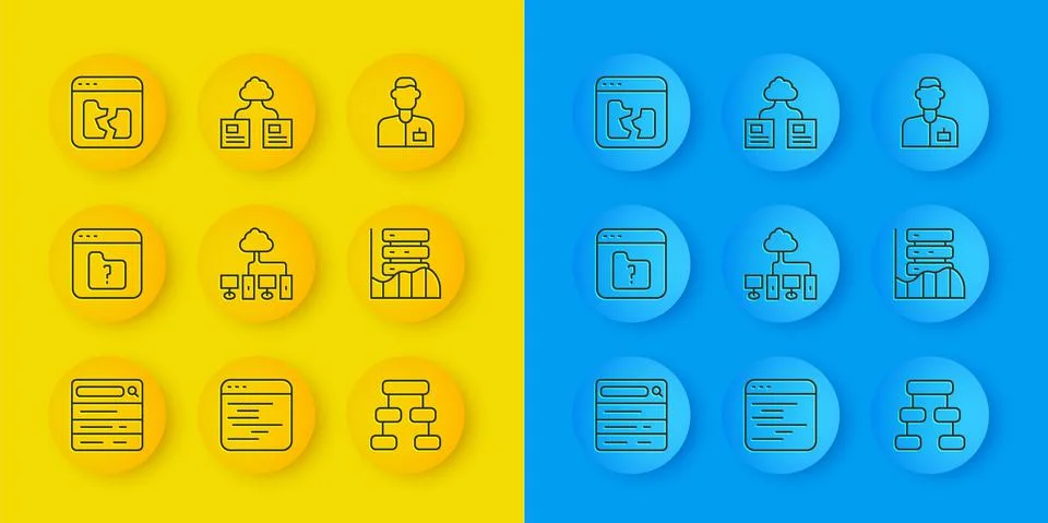Set line Search engine, File missing, Computer network, Hierarchy organogram Stock Illustration