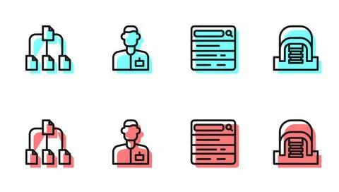 Set line Search engine, Folder tree, Analyst engineer and Hangar with servers 스톡 일러스트