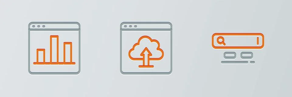 Set line Search engine, Graph chart infographic and Cloud upload icon. Vector Stock Illustration