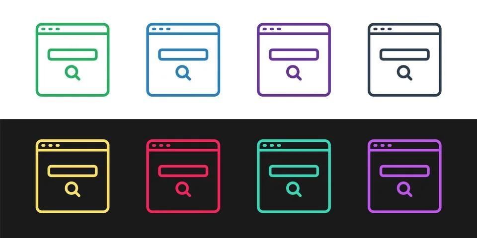 Set line Search engine icon isolated on black and white background.  Vector Illustrazione stock