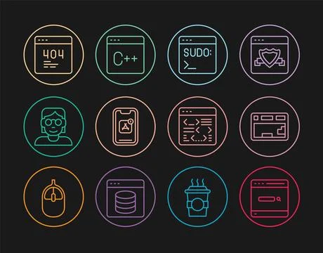 Set line Search engine, Keyboard, Code terminal, Mobile Apps, Hacker or coder Illustrazione stock