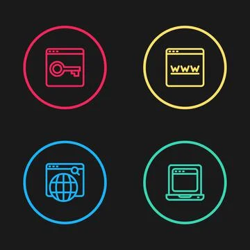 Set line Search engine, Laptop with browser window, Browser and Secure your site 库存插图