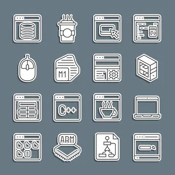 Set line Search engine, Laptop, Computer, Browser files, Processor, mouse 스톡 일러스트
