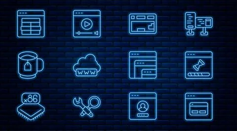 Set line Search engine, Loading data window, Keyboard, Web development, Cup of Stock Illustration