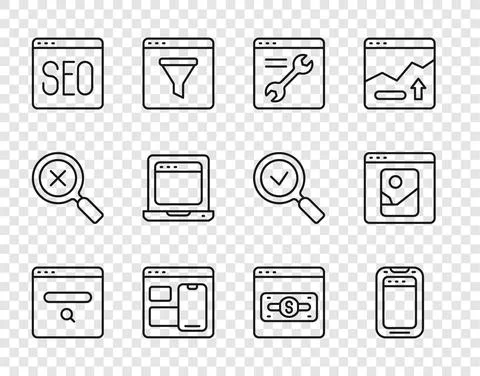 Set line Search engine, Mobile phone, Browser setting, Web developer programming Stock Illustration