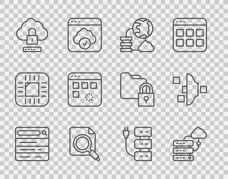 Set line Search engine, Network cloud connection, concept with folder, Clou.. Illustrazione stock