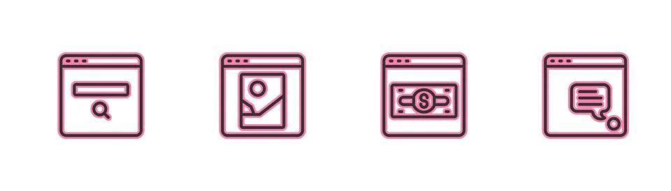Set line Search engine, Online shopping on screen, Photo retouching and New chat Stock Illustration