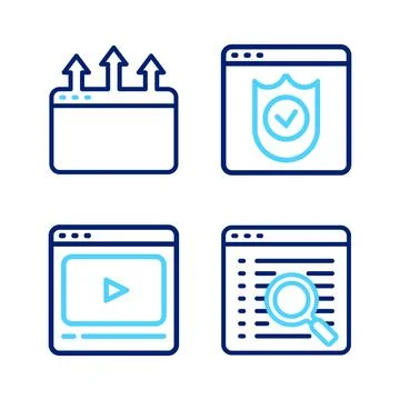 Set line Search engine, Online play video, Browser with shield and window i.. Stock Illustration