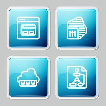 Set line Search engine, Processor, Web development and Flowchart icon. Vector Illustrazione stock