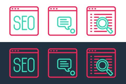 Set line Search engine, SEO optimization and New chat messages notification i Illustrazione stock