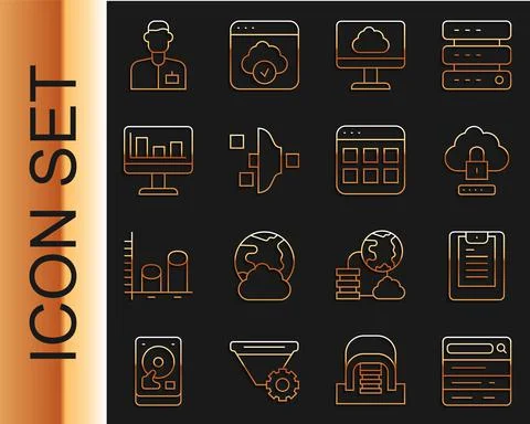 Set line Search engine, Server, Data report, Cloud computing lock, technology Illustrazione stock