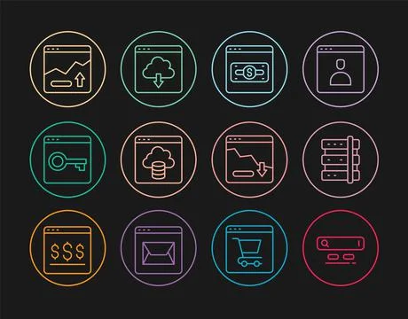 Set line Search engine, Server, Online shopping on screen, Cloud technology d 스톡 일러스트