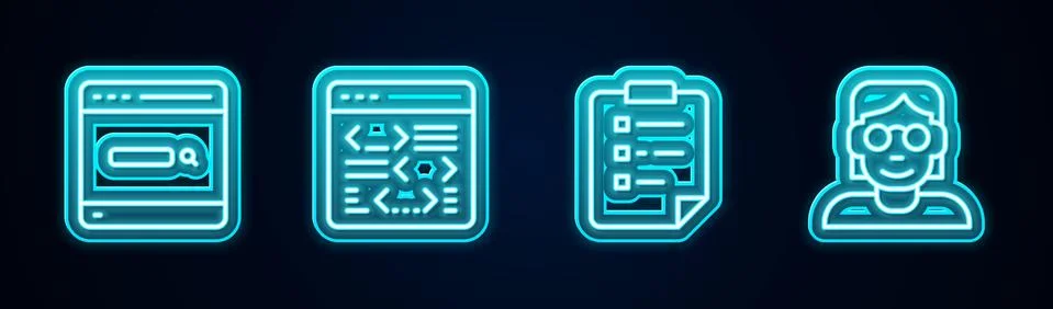 Set line Search engine, Software, Clipboard with checklist and Hacker or coder イラスト素材
