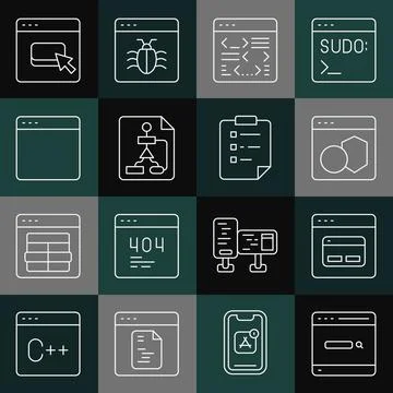 Set line Search engine, Software, Flowchart, Browser window, files and Clipboard Illustrazione stock