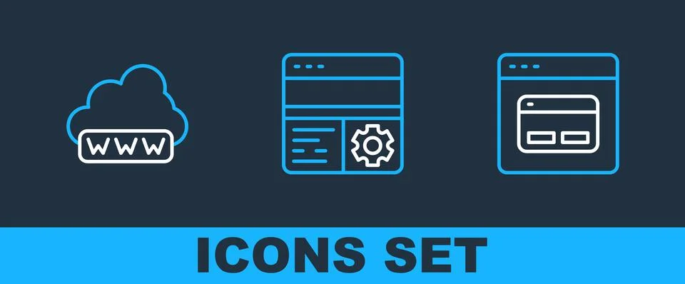 Set line Search engine, Web development and Debugging icon. Vector Illustrazione stock