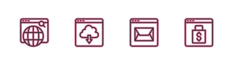 Set line Search engine, Website and mail, Cloud download and Online shopping on Illustrazione stock