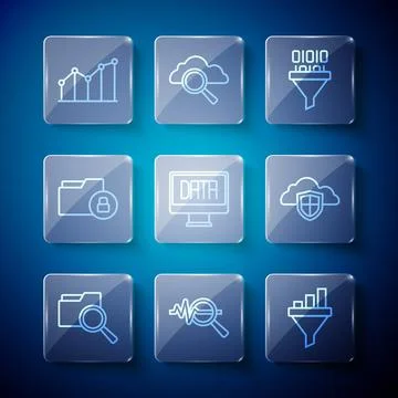 Set line Search with folder, data analysis, Sales funnel chart, Binary code Stock Illustration