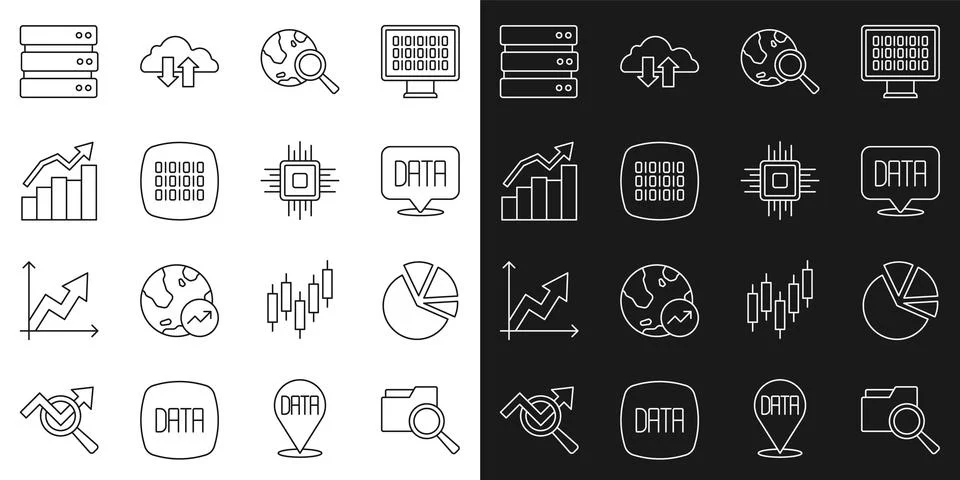 Set line Search with folder, Pie chart infographic, Data analysis, globe, Binary Illustrazione stock