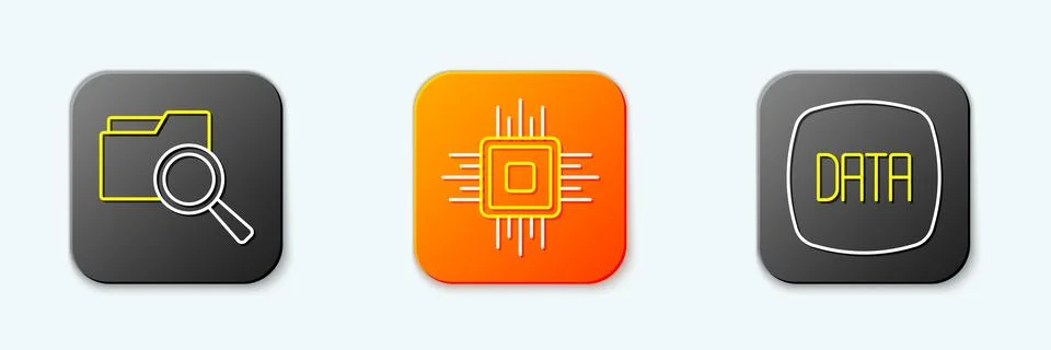 Set line Search with folder, Processor CPU and Data analysis icon. Vector Illustrazione stock