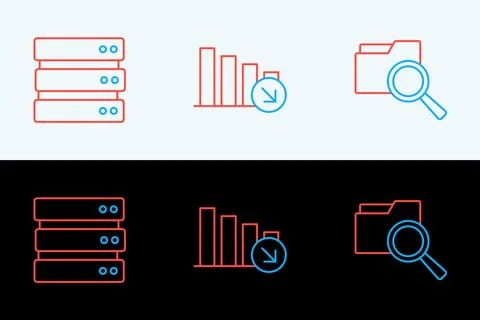 Set line Search with folder, Server and Financial growth decrease icon. Vecto Stockillustratie
