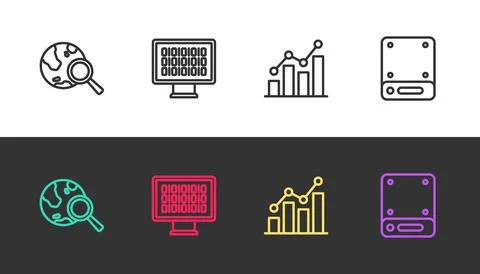 Set line Search globe, Binary code, Pie chart infographic and Server on black Stock Illustration