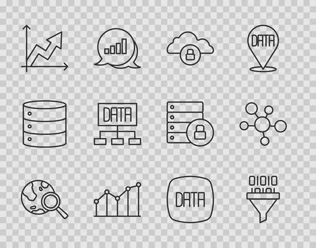 Set line Search globe, Binary code, Cloud computing lock, Pie chart infographic Stock Illustration