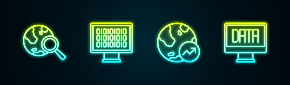 Set line Search globe, Binary code, Financial growth and Data analysis. Glowing Stock Illustration