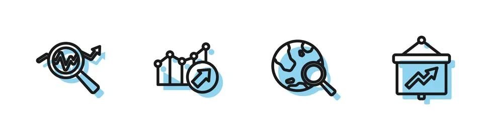 Set line Search globe, data analysis, Financial growth and Board with graph icon Stock Illustration
