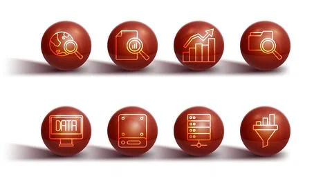 Set line Search globe Data analysis with folder Server Document graph chart S Stock Illustration